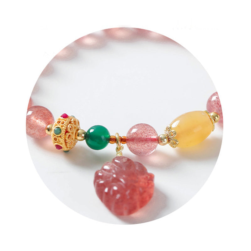 Natural Strawberry Quartz, Green Agate & Golden Silk Jade Nine-Tailed Fox Beaded Bracelet