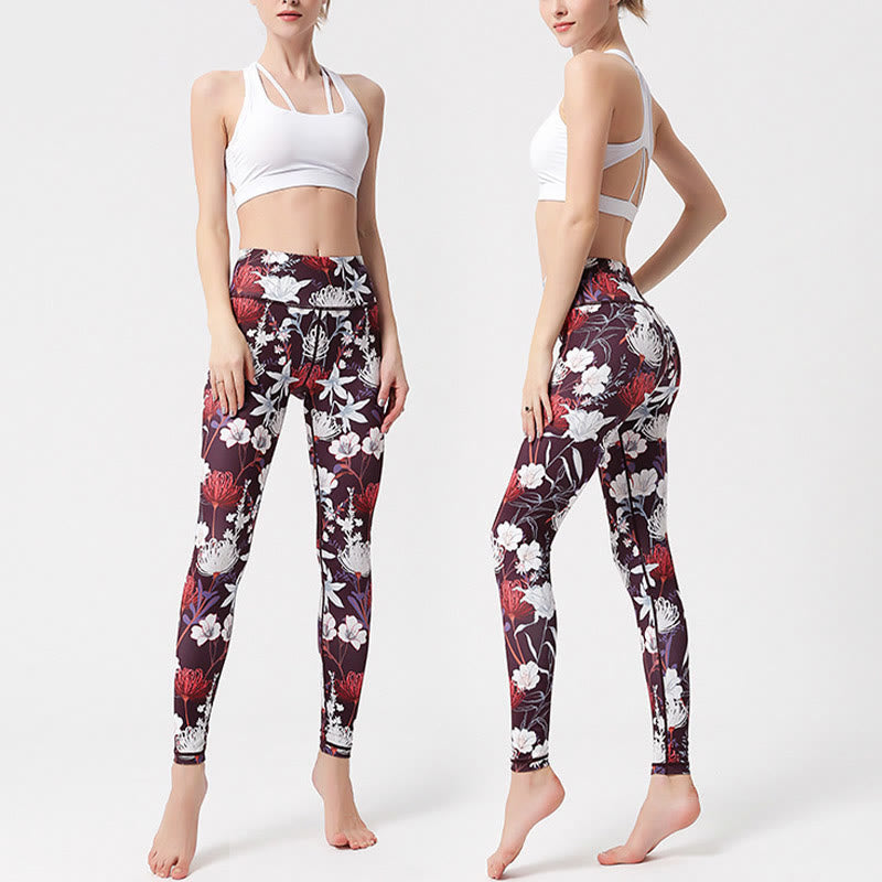 Colorful Flower Petal Leaves Print Sports Exercise Fitness High Waist Leggings Women's Yoga Pants