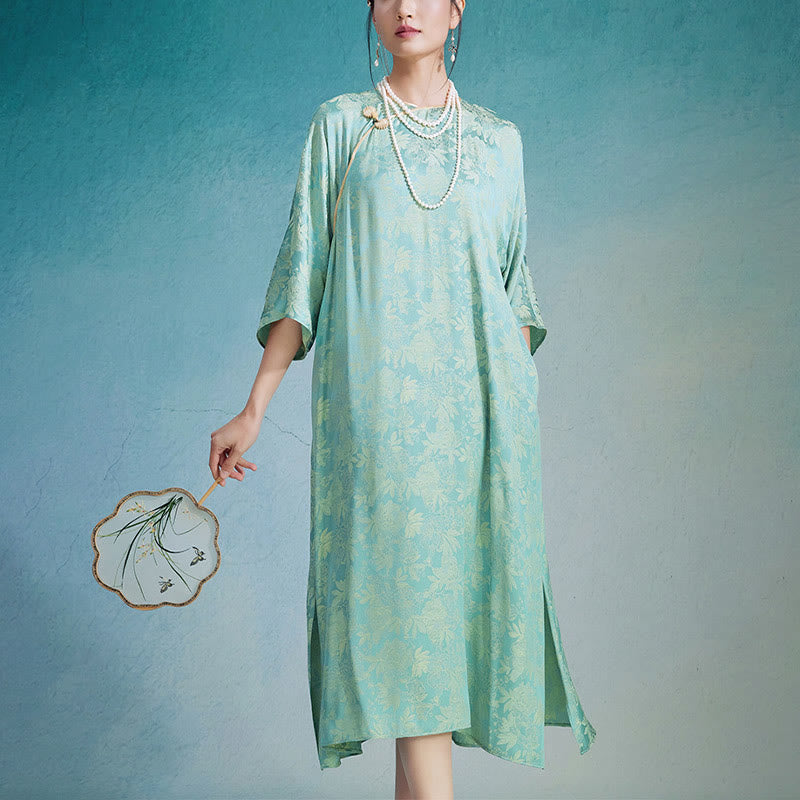 Small Flower Leaf Jacquard Chinese Cheongsam Qipao Midi Dress With Pockets