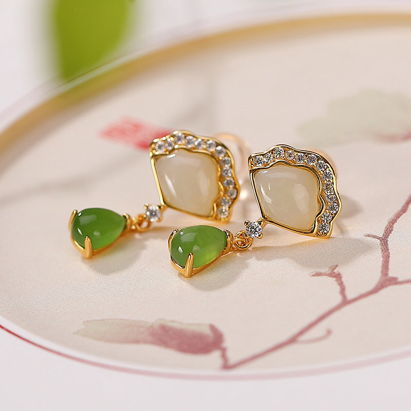 White Jade Cyan Jade Fan Water Drop Pattern Luck Drop Earrings