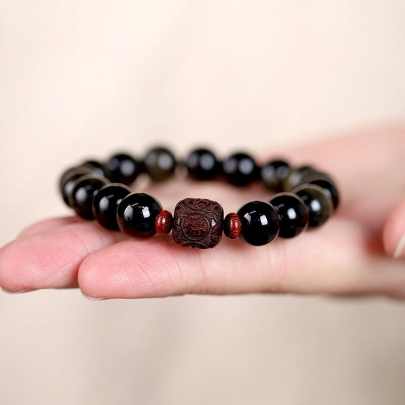 Natural Gold Sheen Obsidian Rainbow Obsidian Om Mani Padme Hum Fu Character Healing Bracelet