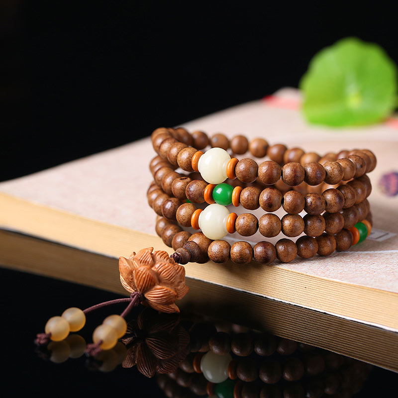 108 Mala Beads Peach Wood Bodhi Seed Lotus Prayer Meditation Bracelet