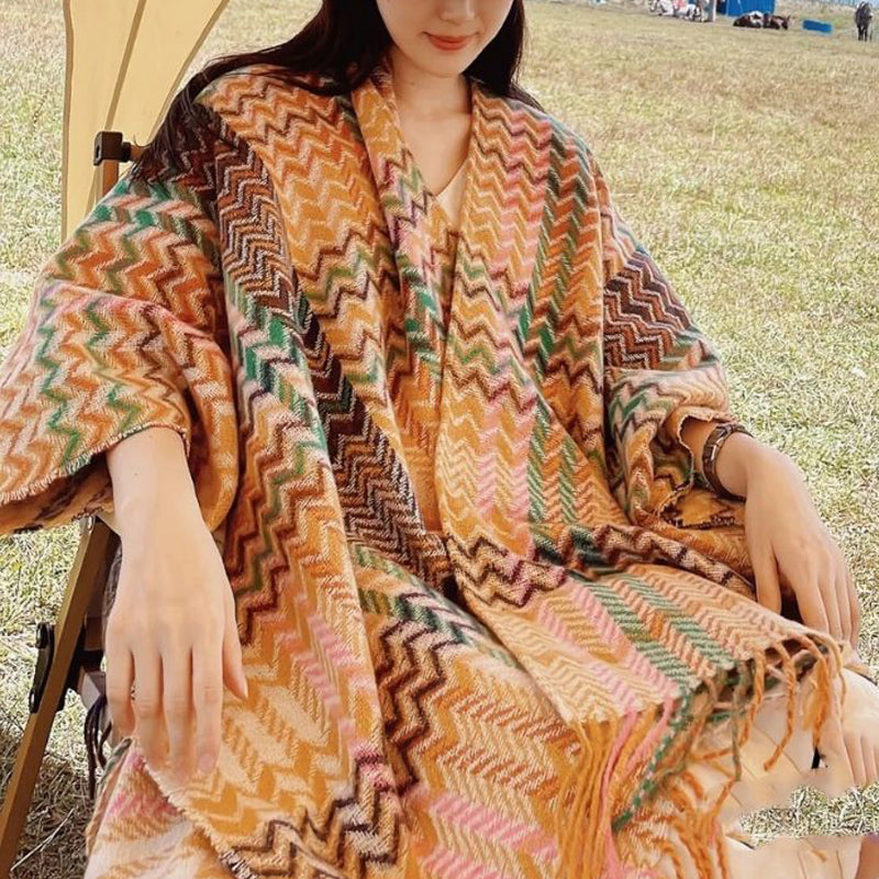 Tibetan Shawl Colorful Wavy Striped Shapes Tassels Winter Cozy Travel Scarf Wrap