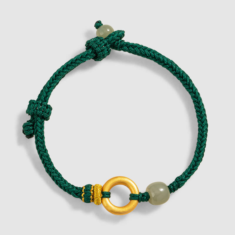 999 Sterling Silver Peace Buckle Hetian Jade Bead Luck Green Rope Braided Bracelet