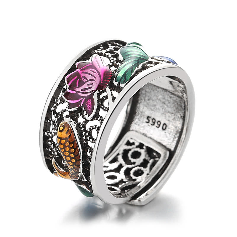 Copper Blue Enamel Lotus Heart Sutra Koi Fish Luck Ring