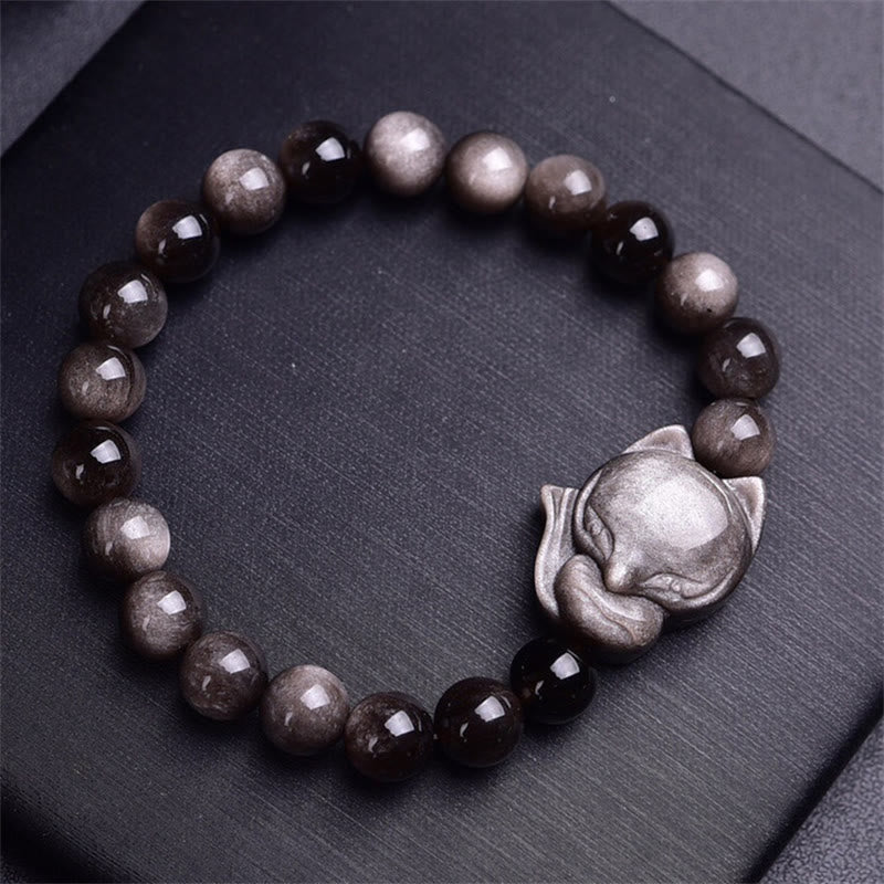 Natural Silver Sheen Obsidian Hand-Carved Fox Beaded Elastic Bracelet