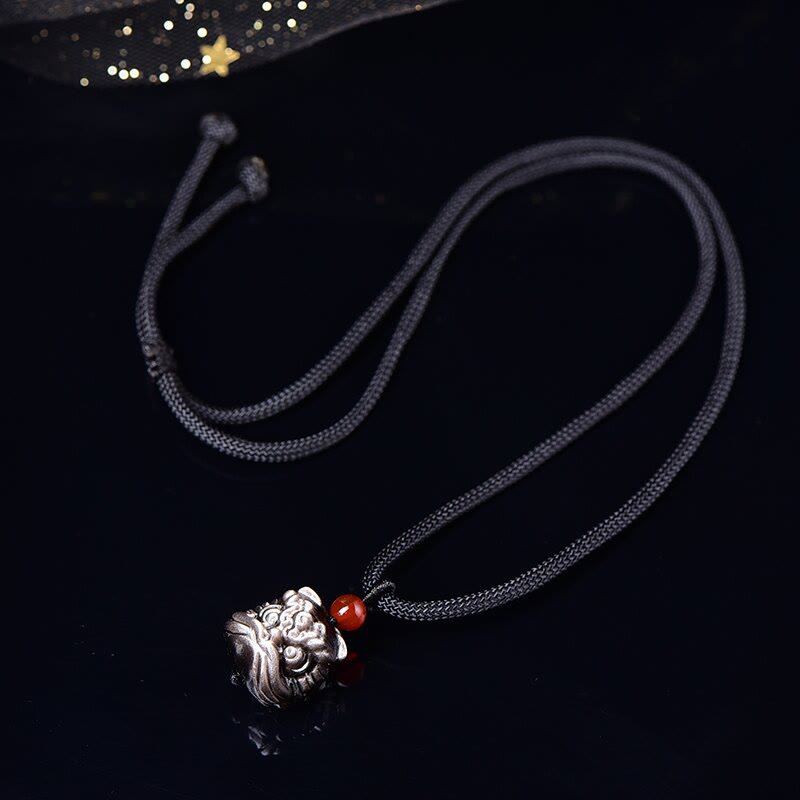 Natural Silver Sheen Obsidian Dancing Lion Protection Necklace Pendant