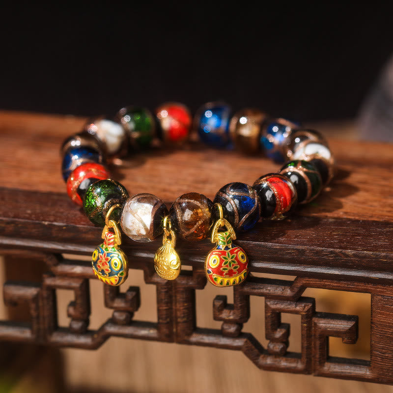 Five Elements Gold Swallowing Beast Family Charm Liuli Glass Bead Luck Bracelet