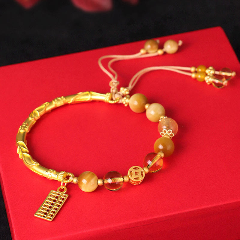 Adjustable Tiger Eye Citrine Clear Quartz Copper Abacus Charm Beaded Bracelet