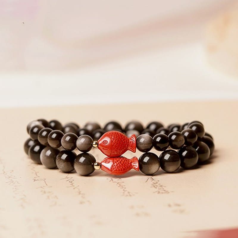 Natural Silver Sheen Obsidian & Cinnabar Koi Fish Beaded Bracelet