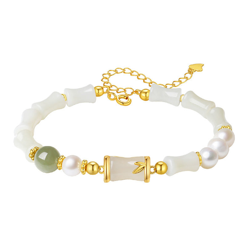 925 Sterling Silver Natural Hetian White Jade Bamboo Luck Blessing Bracelet