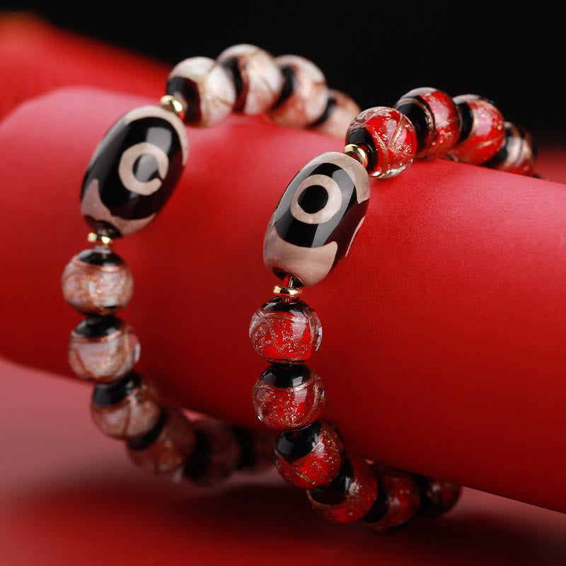 Hand-Finished Tibetan Style Dzi Bead and Vibrant Liuli Glass Beaded Bracelet