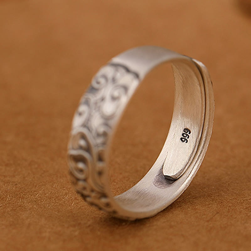 999 Sterling Silver Lotus Flower Plum Blossom Auspicious Clouds Engraved Enlightenment Ring
