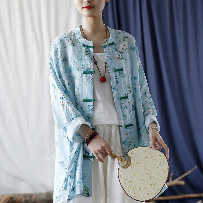 Light Green Pink Flowers Green Leaves Frog-Button Long Sleeve Ramie Linen Jacket Shirt