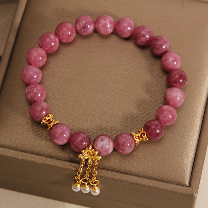 Delicate Pink Tourmaline and Pearl Lotus Flower Beaded Bracelet