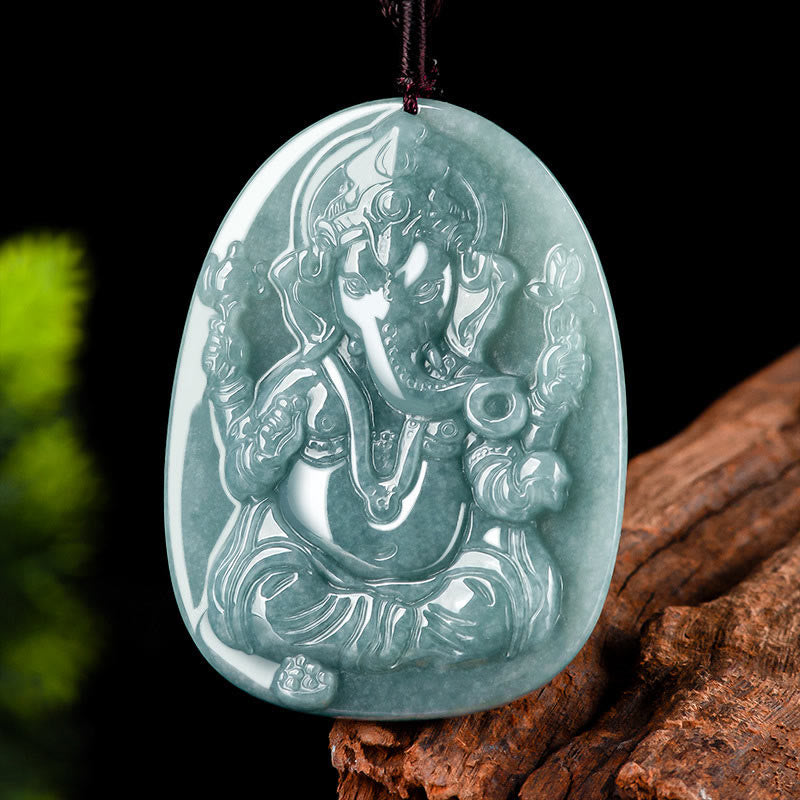 Natural Jade Ganesh Ganpati Elephant Protection Amulet Necklace Pendant