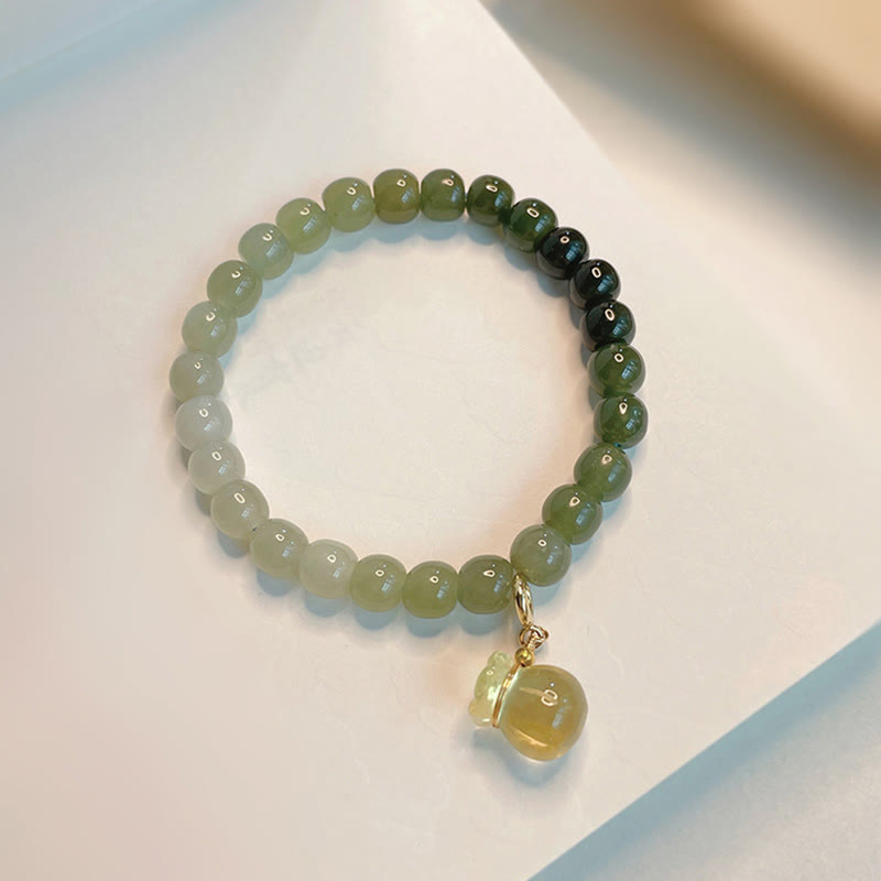 Natural Hetian Jade Beaded Bracelet with Symbolic Money Bag Charm