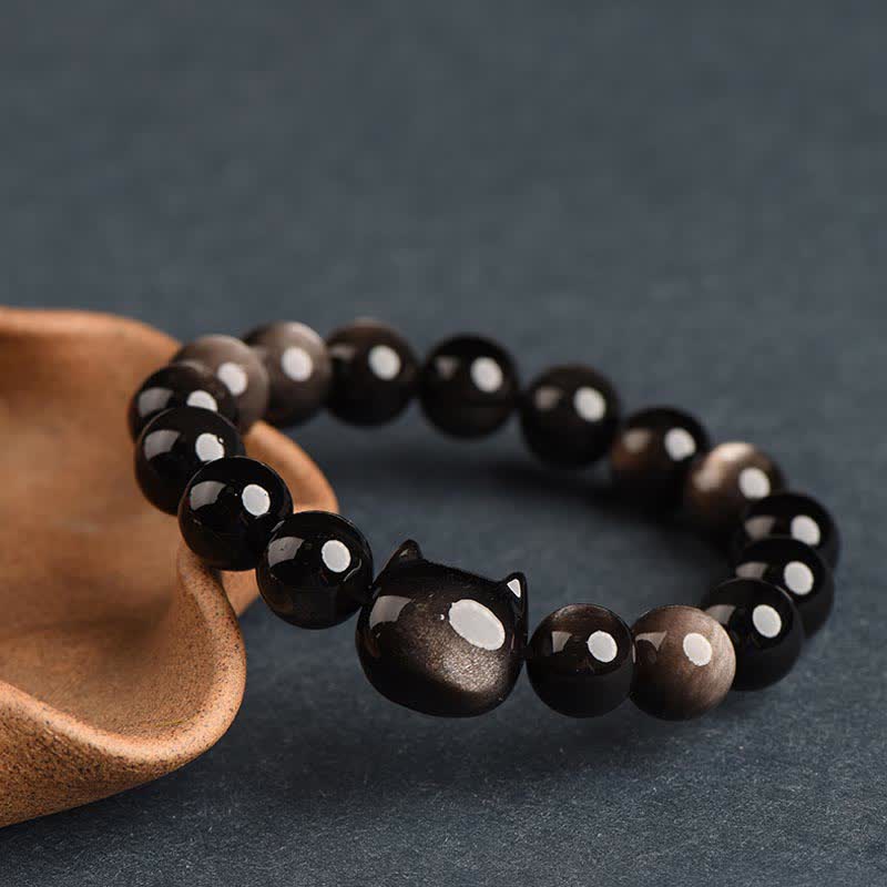 Handmade Gold & Silver Sheen Obsidian Feline Motif Beaded Bracelet