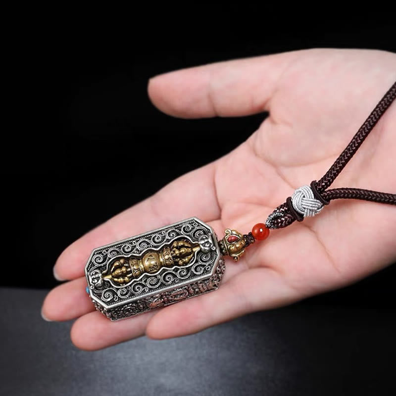 Tibetan Om Mani Padme Hum Carved Dorje Vajra Rotatable Lotus Pattern Purity Rope Necklace Pendant