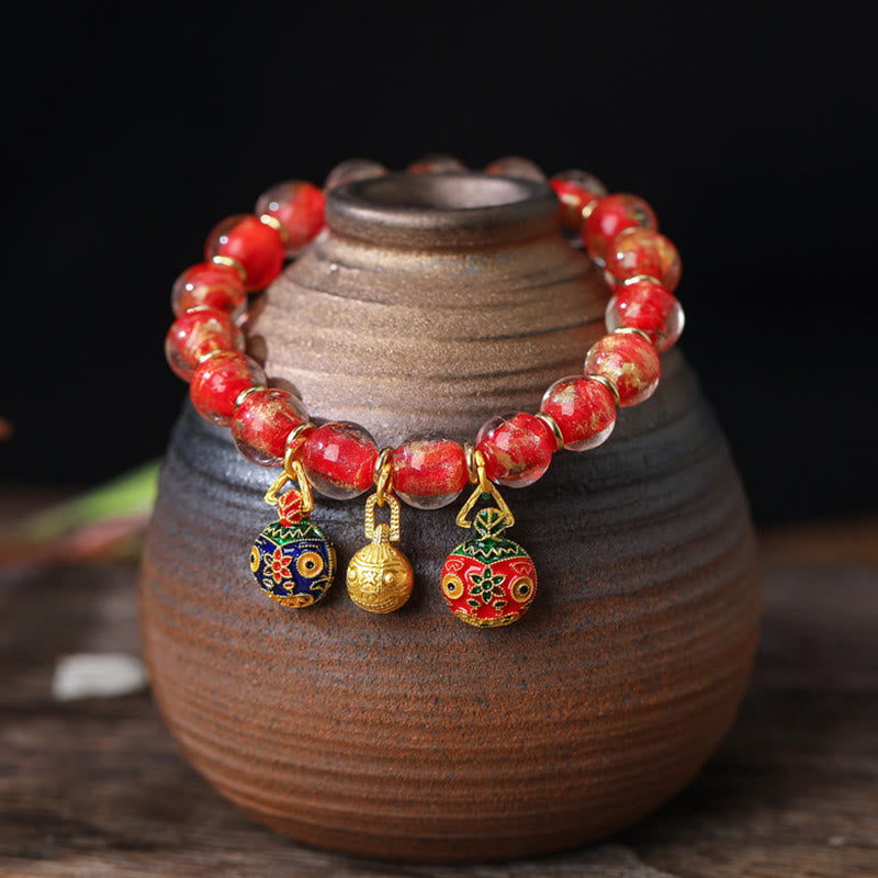 Gold Swallowing Beast Family Charm Gold Silver Foil Liuli Glass Bead Blessings Bracelet
