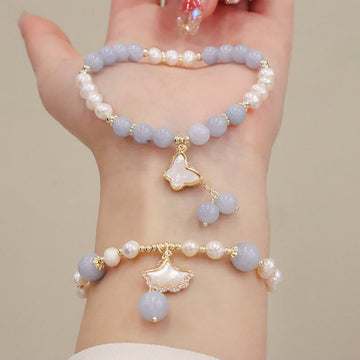 Natural Aquamarine Pearl Seashell Charm Bracelet with Ginkgo Leaf or Butterfly Accents