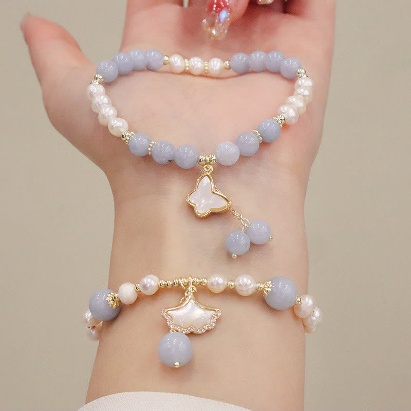 Natural Aquamarine Pearl Seashell Charm Bracelet with Ginkgo Leaf or Butterfly Accents