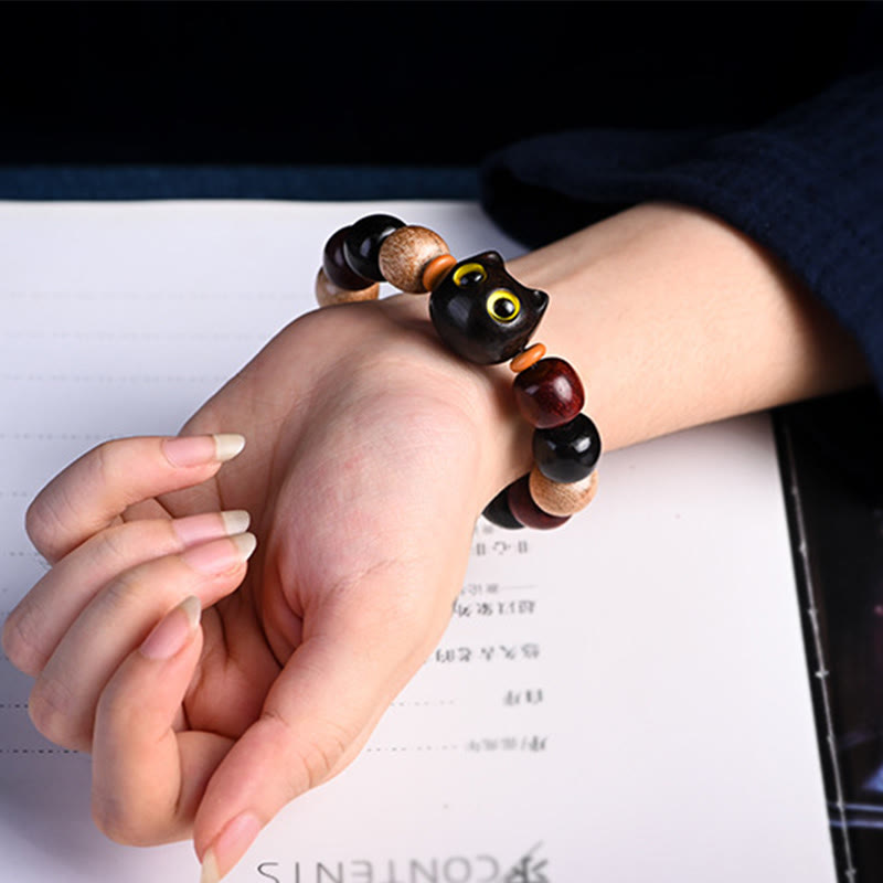 Cute Cat Engraved Sandalwood & Ebony Wood Energy Bracelet