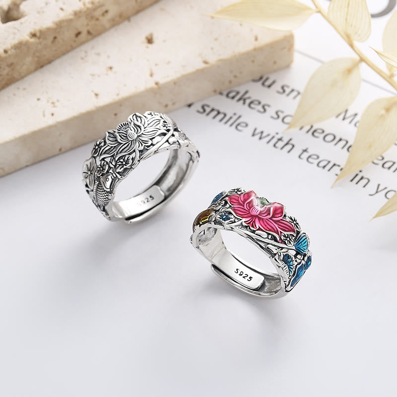 925 Sterling Silver Koi Fish Lotus Flower Prosperity Ring