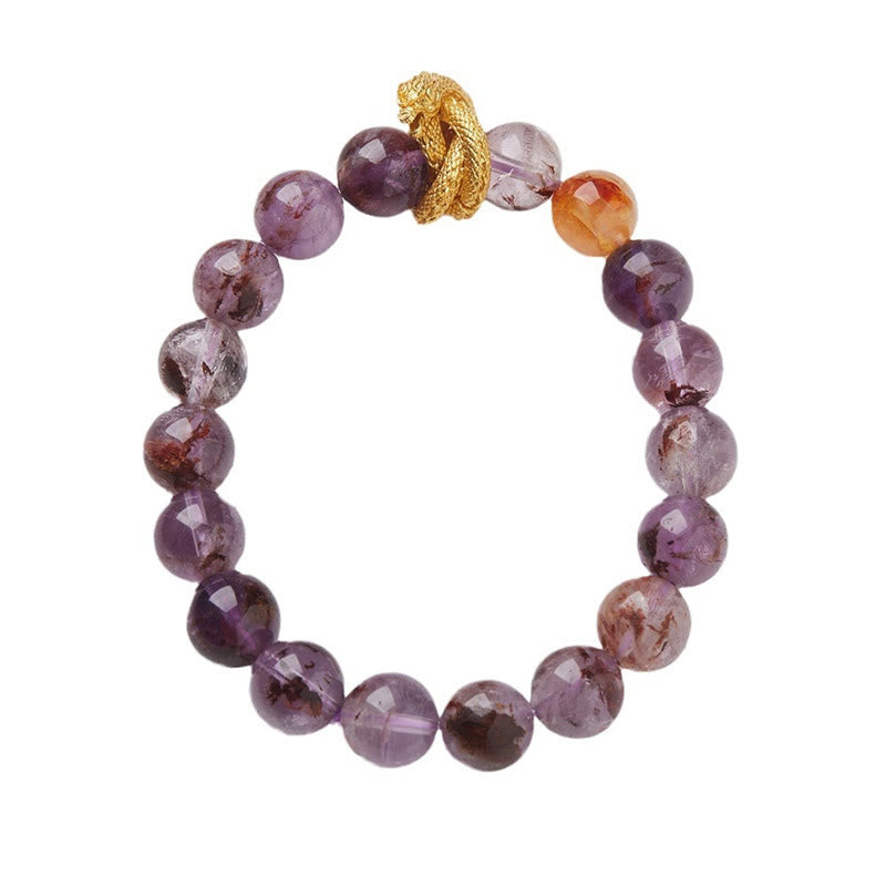 Purple Phantom & Red Hematoid Quartz Gold-Plated Copper Dragon Beaded Bracelet