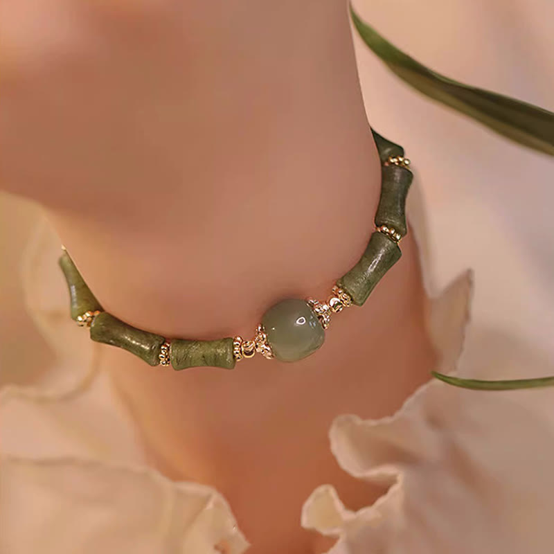 14K Copper Plated Peridot Hetian Jade Bamboo Pattern Luck Bracelet