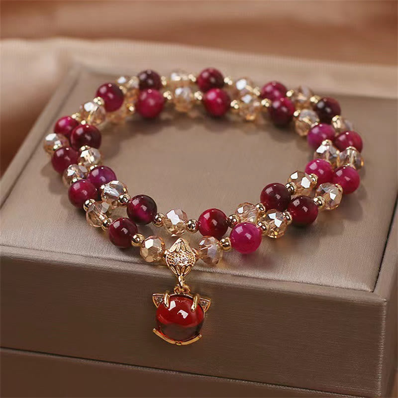Red Tiger Eye Fox Charm Double Wrap Beaded Bracelet