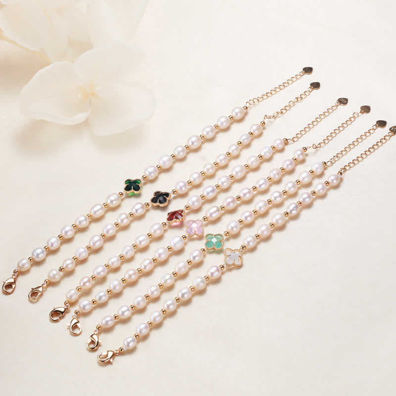 Elegant Pearl Chain Bracelet with Minimalist Four Leaf Clover Charm
