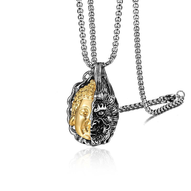 Dualistic Half Buddha Half Devil Titanium Steel Pendant Necklace for Men and Women