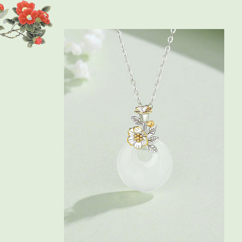 925 Sterling Silver Round Chalcedony Twelve Months Flower Harmony Necklace Pendant