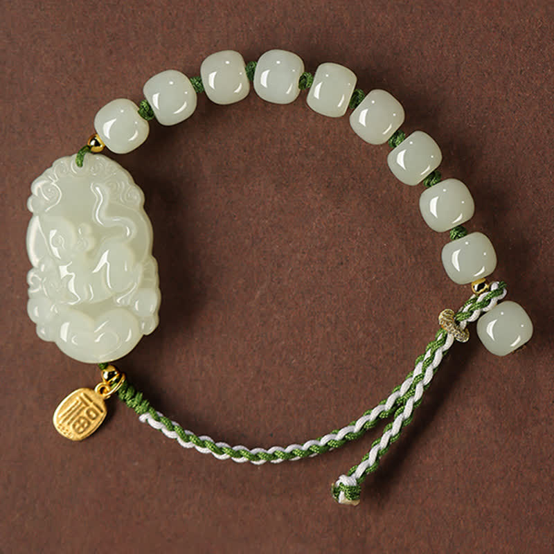 Handcrafted 925 Sterling Silver Chinese Zodiac Hetian Jade Red String Bracelet