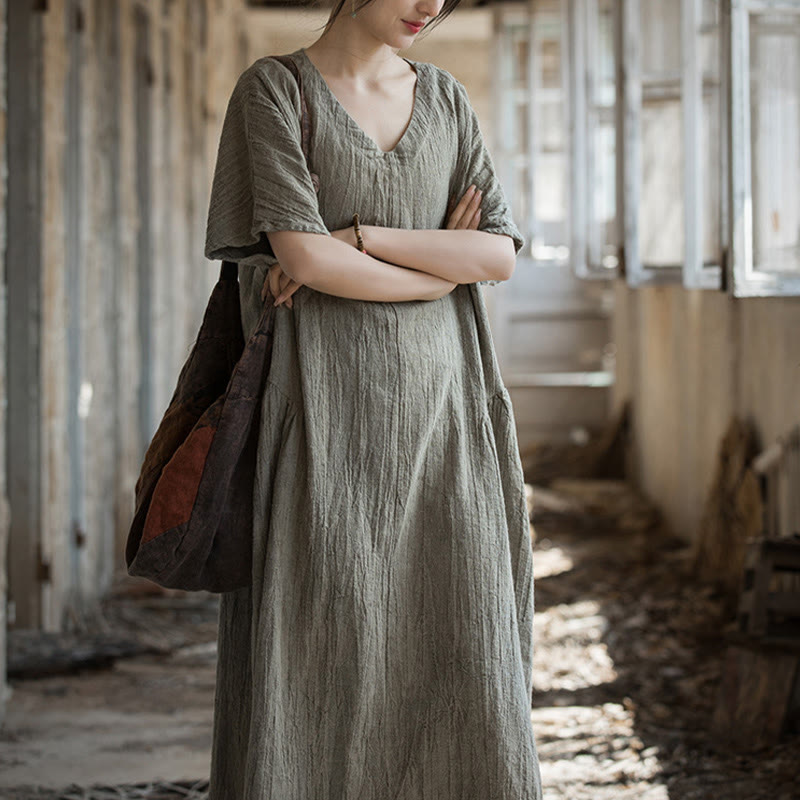 Handmade Tie Dye V-Neck Midi Dress Linen Short Sleeve Dress