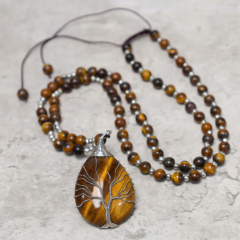 Natural Tiger Eye Strength Beaded Pendant Necklace