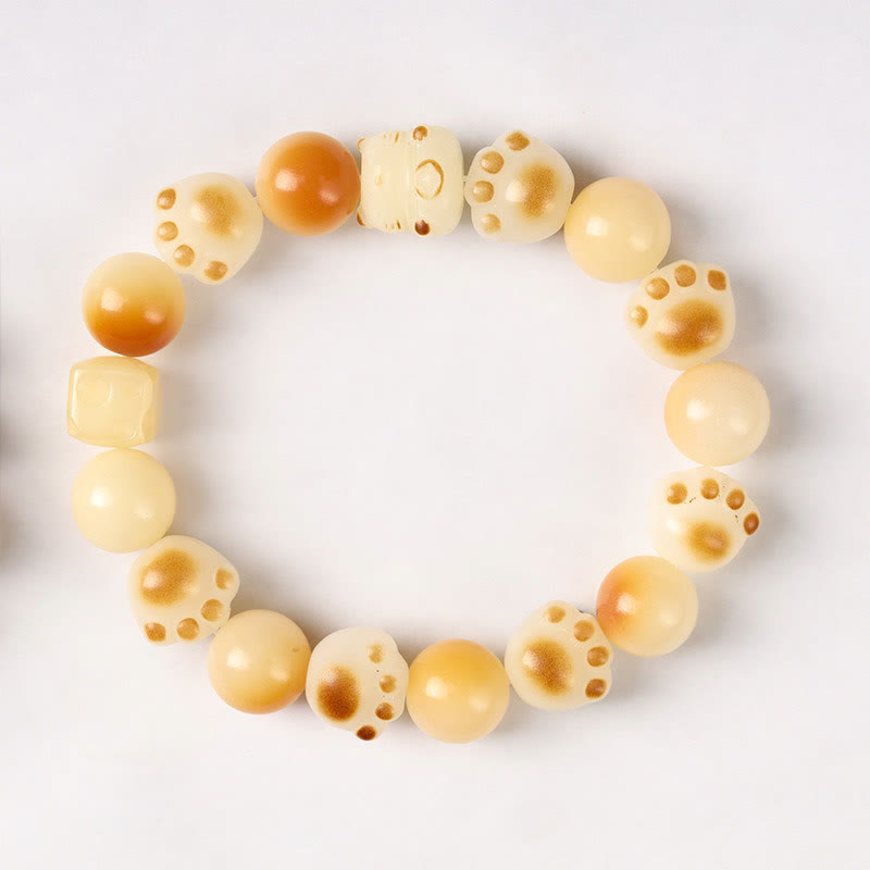 Natural Bodhi Seed Sandalwood Lucky Cute Cat Head Paw Claw Peace Bracelet