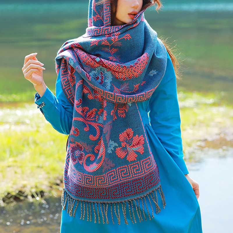 Tibetan Flowers Leaves Pattern Design Shawl Cozy Travel Scarf Wrap