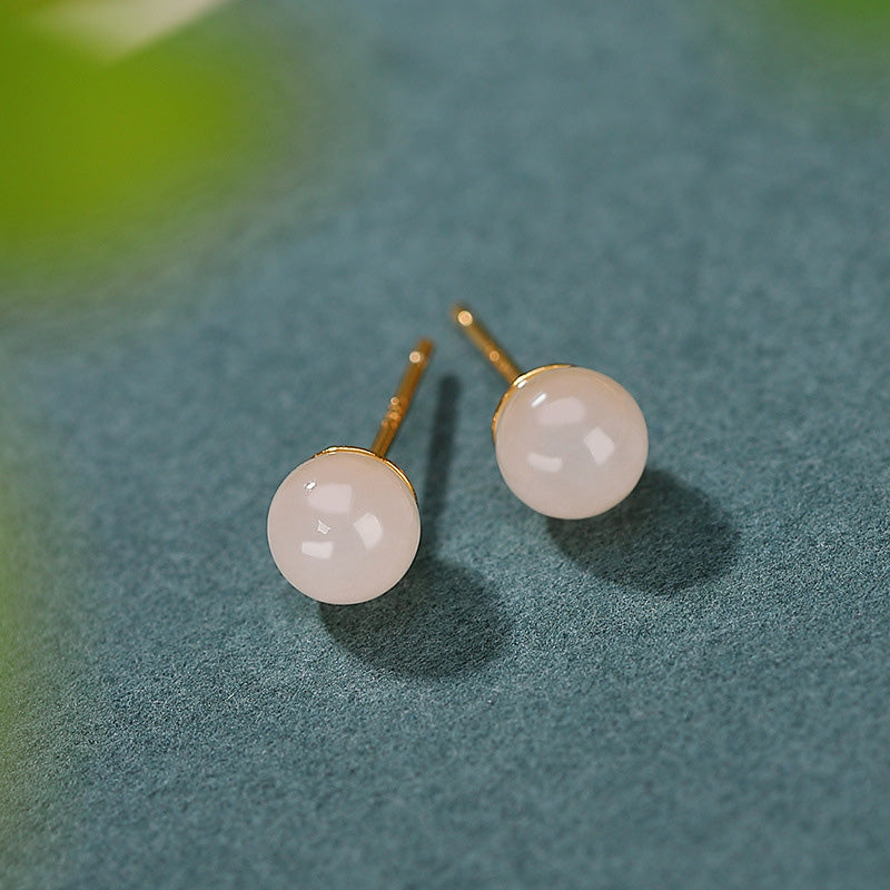 Handmade 925 Sterling Silver Round White Jade and Gold Minimalist Stud Earrings