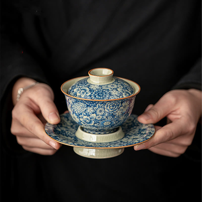 Vintage Blue And White Porcelain Peach Blossom Lotus Peony Ceramic Gaiwan Sancai Teacup Kung Fu Tea Cup And Saucer With Lid