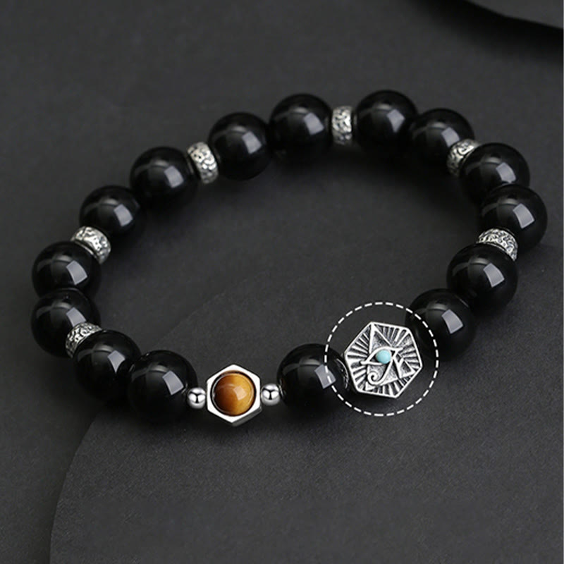 925 Sterling Silver Black Obsidian Tiger Eye Eye of Providence Purification Bracelet