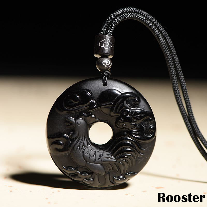 Chinese Zodiac Natural Black Obsidian Peace Buckle Strength Necklace Pendant
