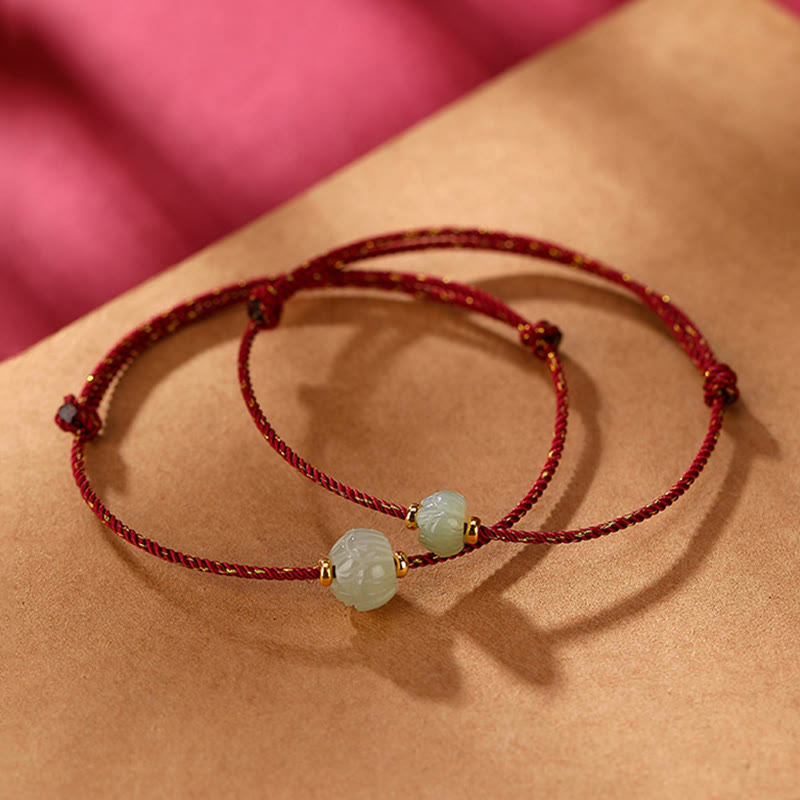 925 Sterling Silver Plated Gold Hetian Jade Lotus Luck Red String Bracelet