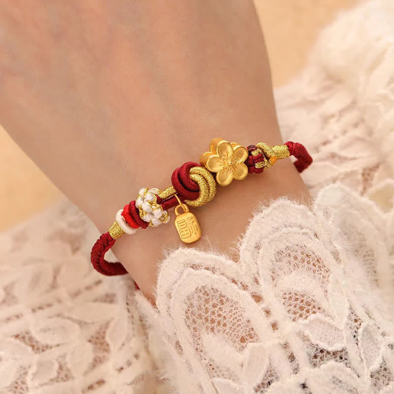 Hand-Woven Red String Gold Copper Peach Blossom Adjustable Bracelet