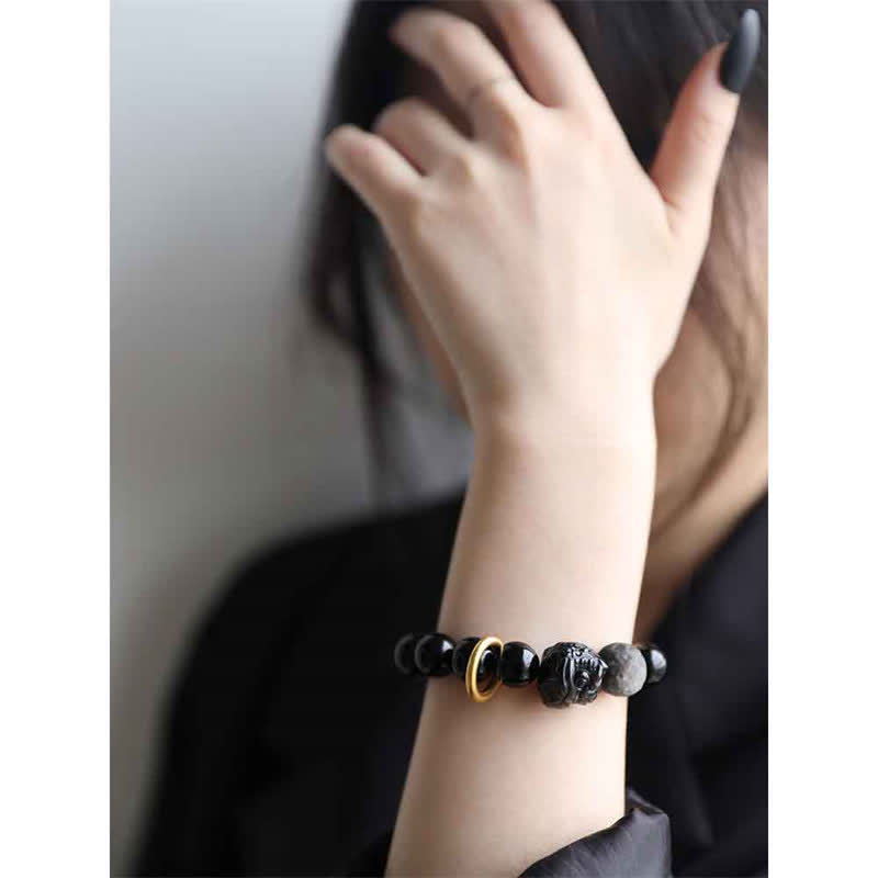 Guardian Lion Silver Sheen & Black Obsidian Beaded Resilience Bracelet