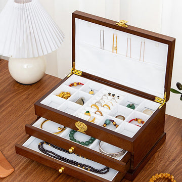 Retro Three-Layer Wooden Jewelry Storage Box & Organizer