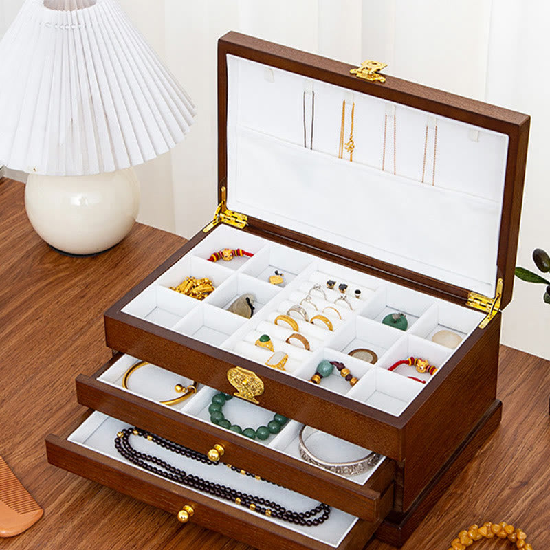 Retro Three-Layer Wooden Jewelry Storage Box & Organizer