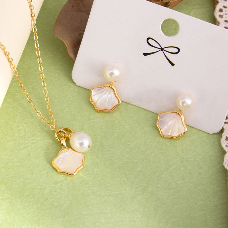 Ginkgo Tridacna Stone Pearl Bead Copper Blessing Necklace Pendant Ring Earrings Set