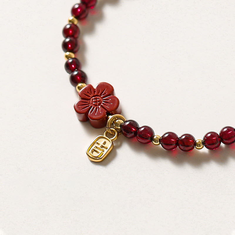 14K Gold Plated Natural Garnet Cinnabar Flower Calm Bracelet